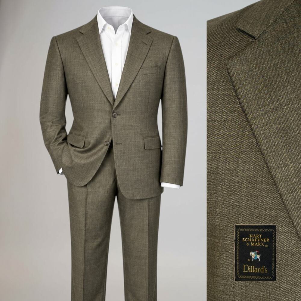 Hart Schaffner Marx Suit 42-44R 35x30 Classic Fit Olive Green Gold Note